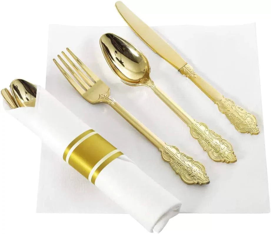 Showlu Rose Gold disposable plastic cutlery set with knife, fork, spoon, and napkins for party tableware, 3-piece set.