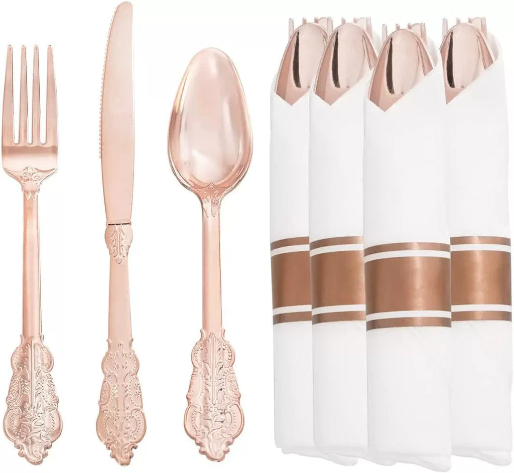 Showlu Rose Gold disposable plastic cutlery set with knife, fork, spoon, and napkins for party tableware.
