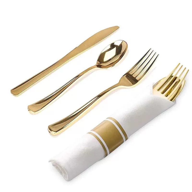 Showlu Rose Gold disposable plastic cutlery set with knife, fork, spoon, and napkins for parties, three-piece tableware set.