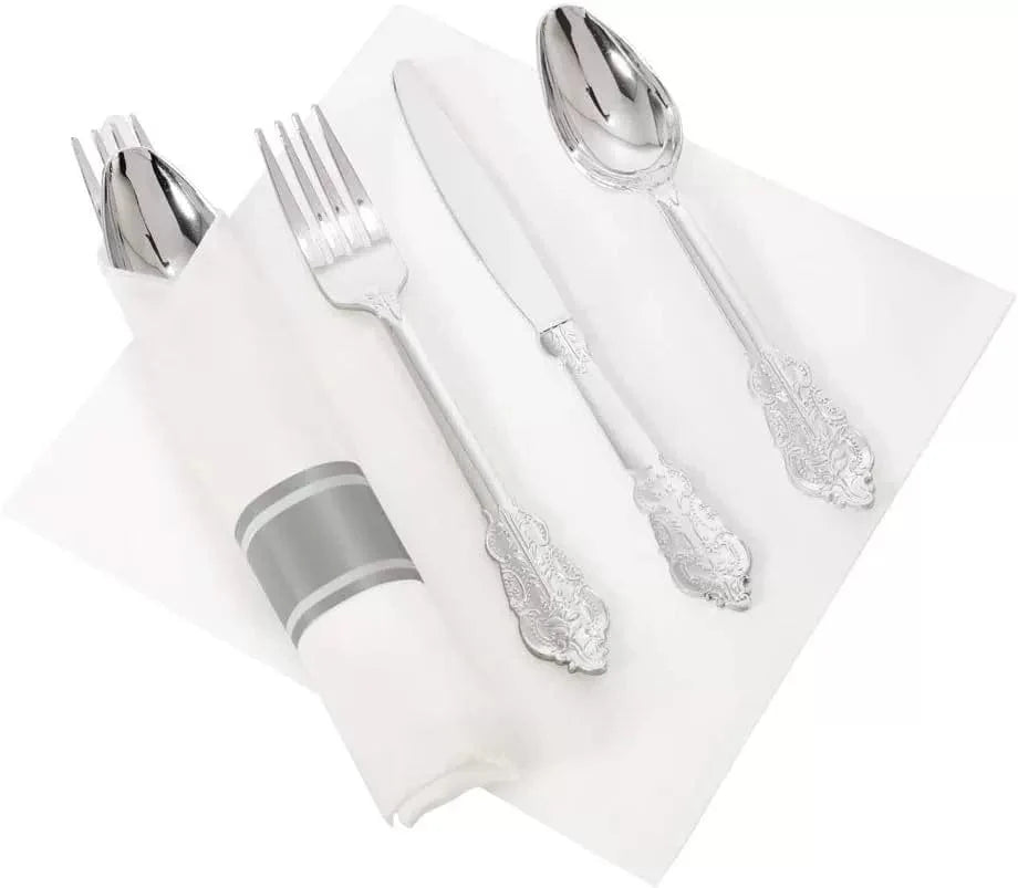 Showlu Rose Gold disposable plastic cutlery set with knife, fork, spoon, and napkins, perfect for parties and special occasions.