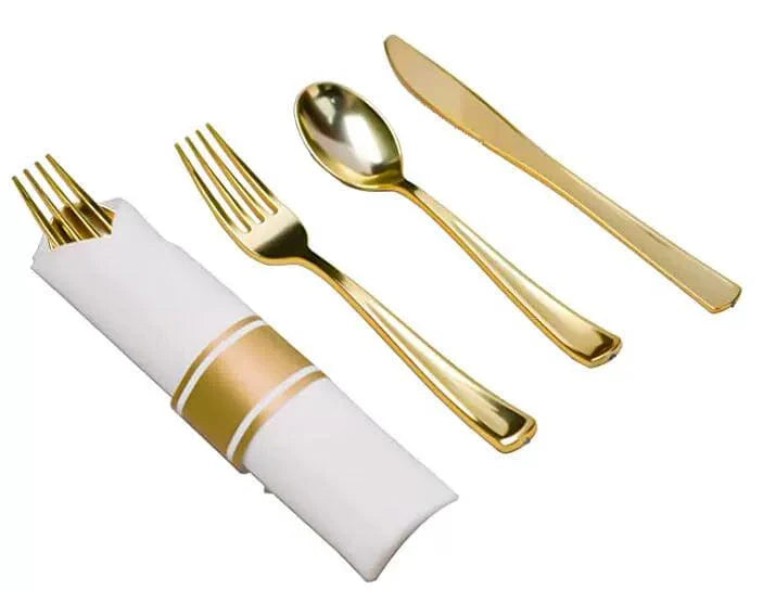 Showlu Rose Gold Disposable Plastic Cutlery Set with Napkins, includes knife, fork, spoon, perfect for parties and gatherings.