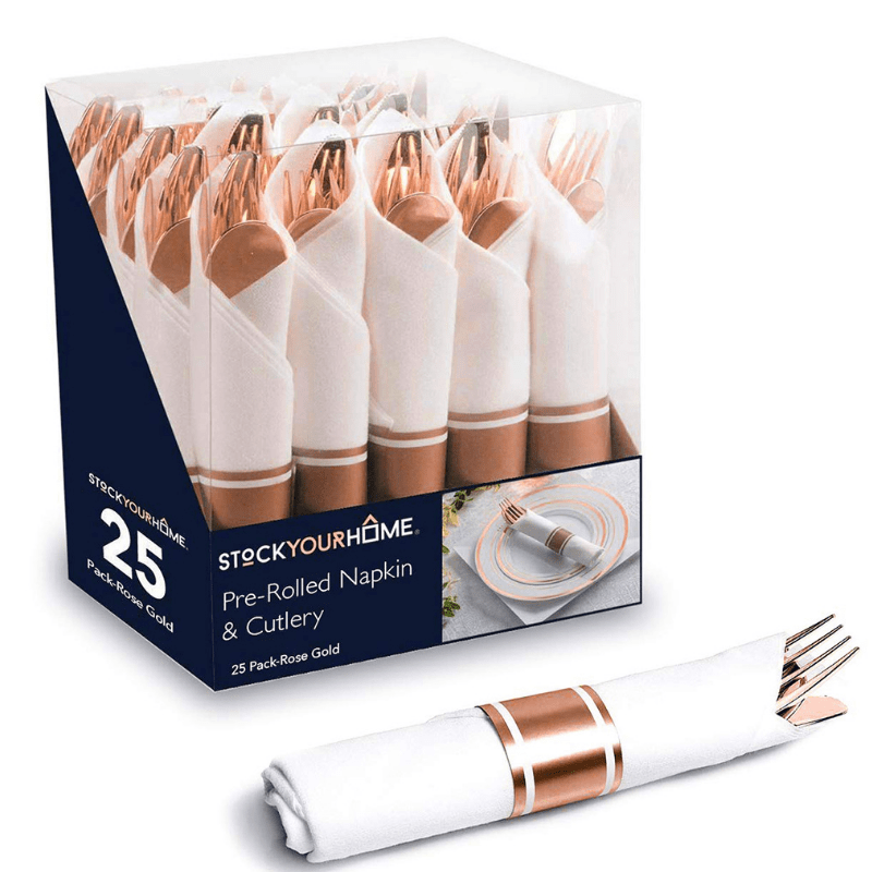 Rose gold disposable plastic cutlery set with knife, fork, spoon, and napkins, perfect for parties and special events.