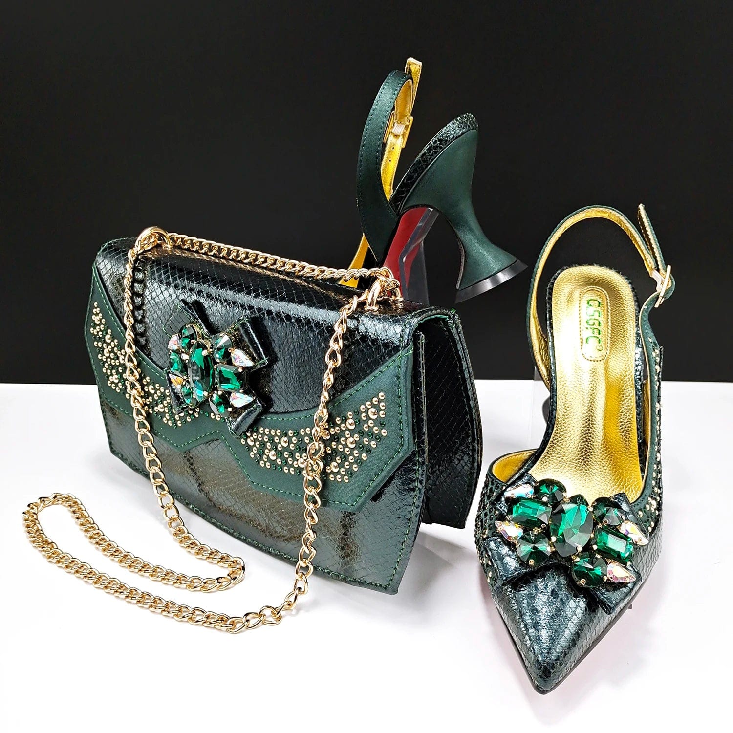  Showlu Fashion Store DK.GREEN / 42 QSGFC African Fachion Evening Shoes And Matching Bags Italian Design Ladies Diamond Bag High-Heeled Pointed Toe Women's Shoes