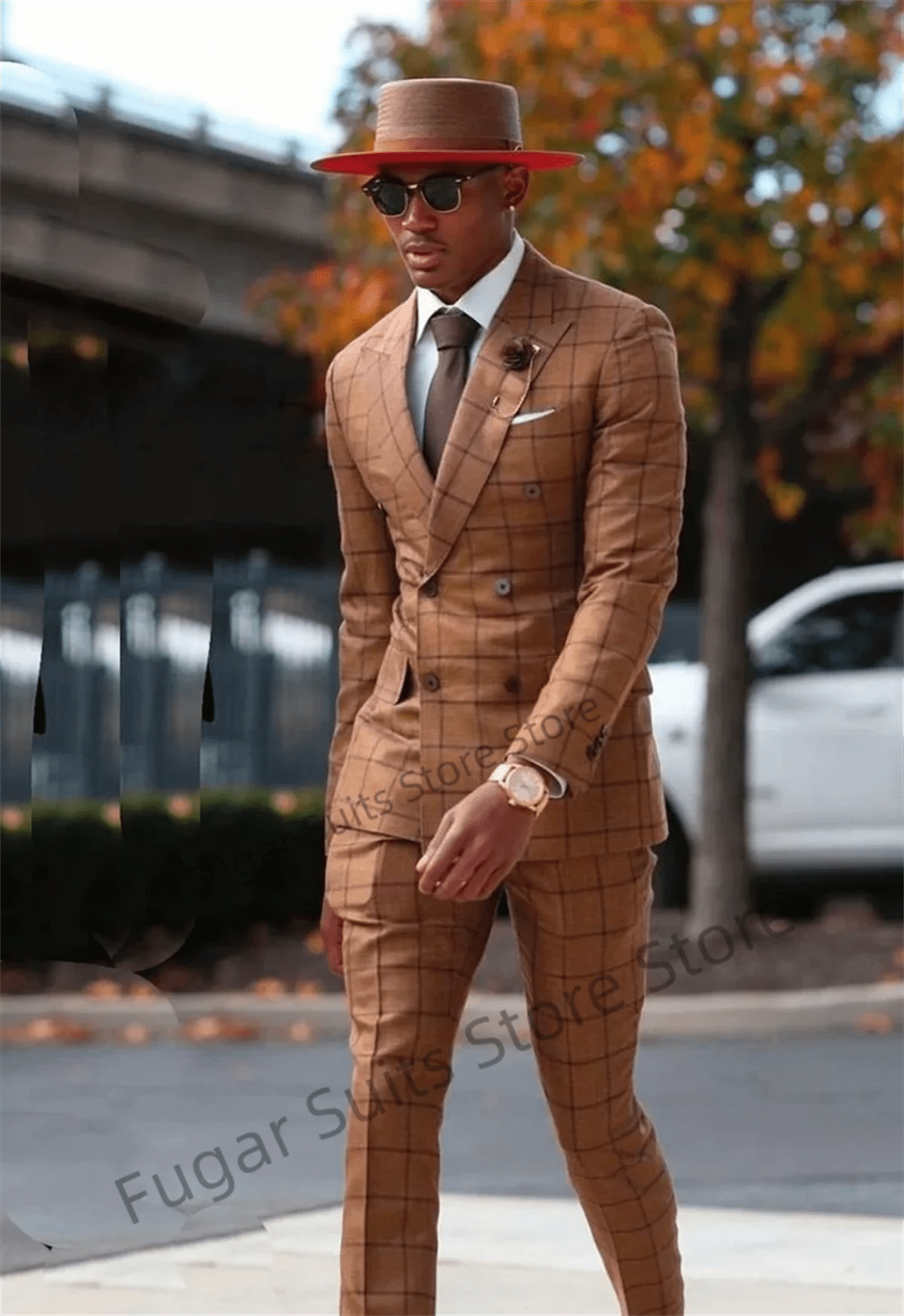 SHOWLU FASHION STORE Double Breasted Brown Plaid Wedding Men Suits Slim Fit Peak Lapel Groom Tuxedos 2 Pieces Sets Classic Male Blazer Costume Homme