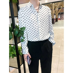 SHOWLU FASHION STORE Draped Chiffon Casual Long Sleeve Black and White Polka Dot Shirt