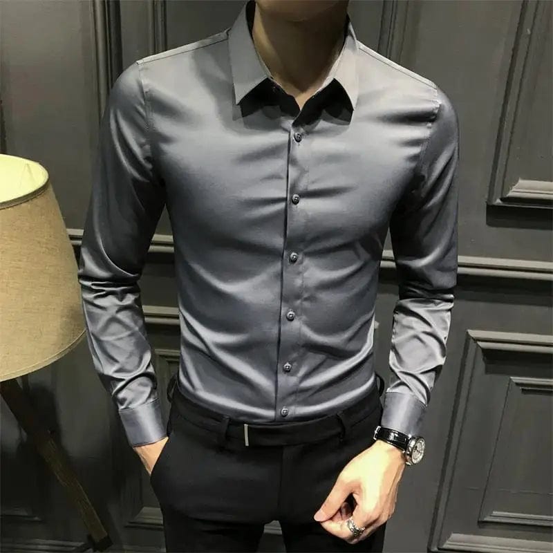 SHOWLU FASHION STORE Dress Shirt Long Sleeve Silk Business Plain Man Tops Formal Shirts and Blouses for Men Office Cotton with Collar S Cool Clothing