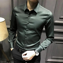 SHOWLU FASHION STORE Dress Shirt Long Sleeve Silk Business Plain Man Tops Formal Shirts and Blouses for Men Office Cotton with Collar S Cool Clothing