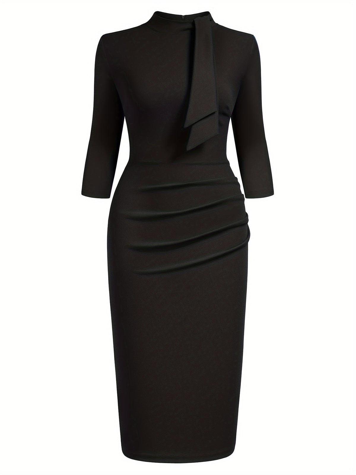 SHOWLU FASHION women's three-quarter sleeve tie-neck sheath dress displayed on a model, stylish and elegant for formal occasions.