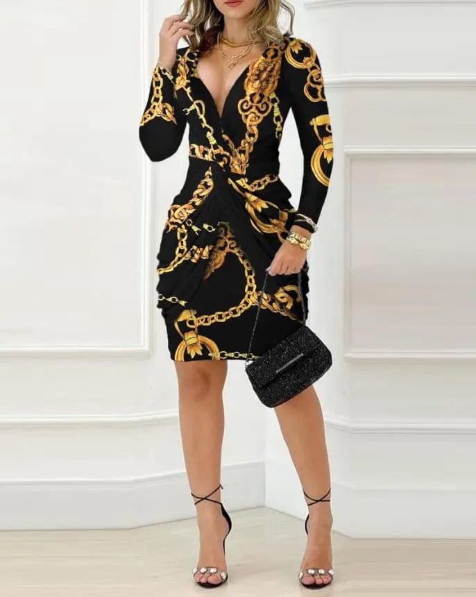  Showlu Fashion Store Dresses for Women 2023 Vintage Plunge Long Sleeve Wedding Guest Baroque Chain Print Twist Detail Skinny Sexy Party Mini Dress