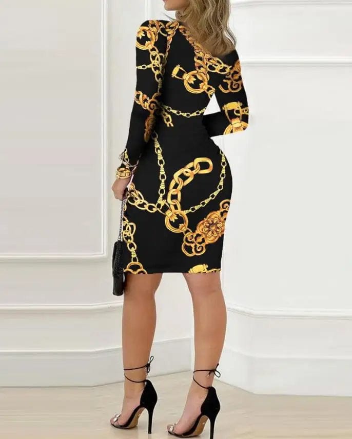  Showlu Fashion Store Dresses for Women 2023 Vintage Plunge Long Sleeve Wedding Guest Baroque Chain Print Twist Detail Skinny Sexy Party Mini Dress