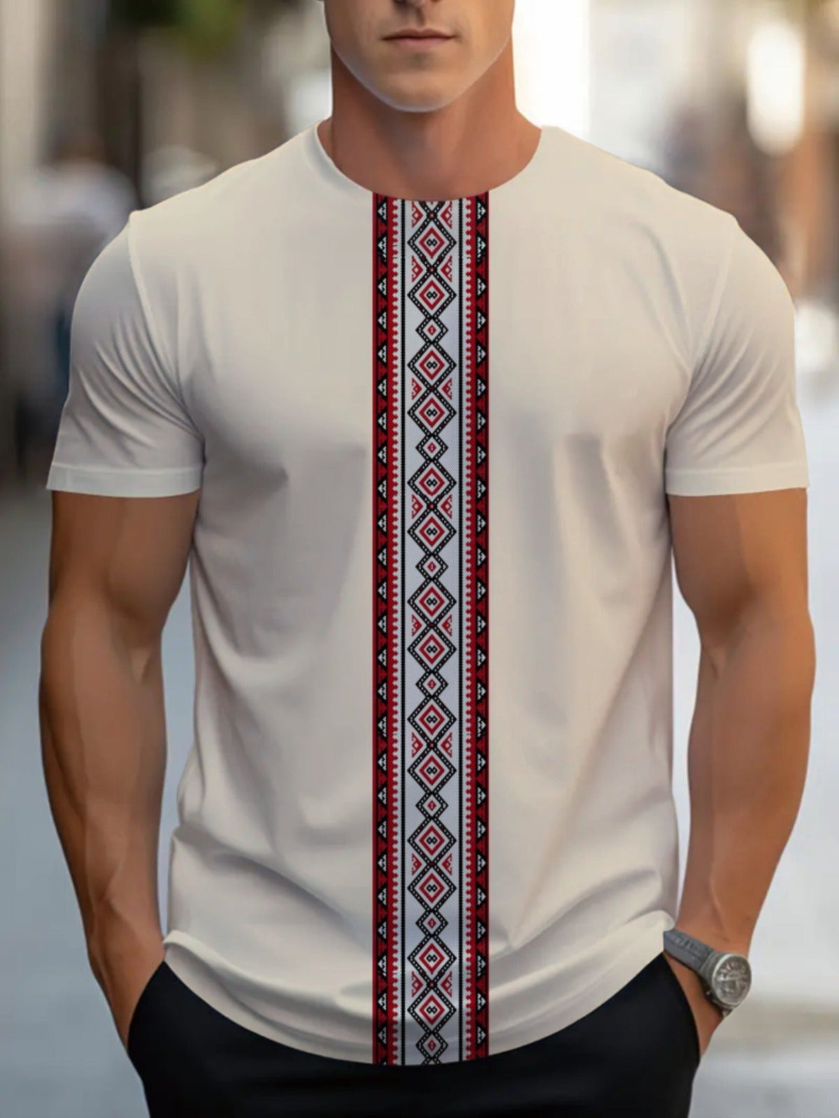 SHOWLU Men's geometric embroidery crew neck polyester T-shirt, stylish casual top with intricate design, perfect for everyday wear