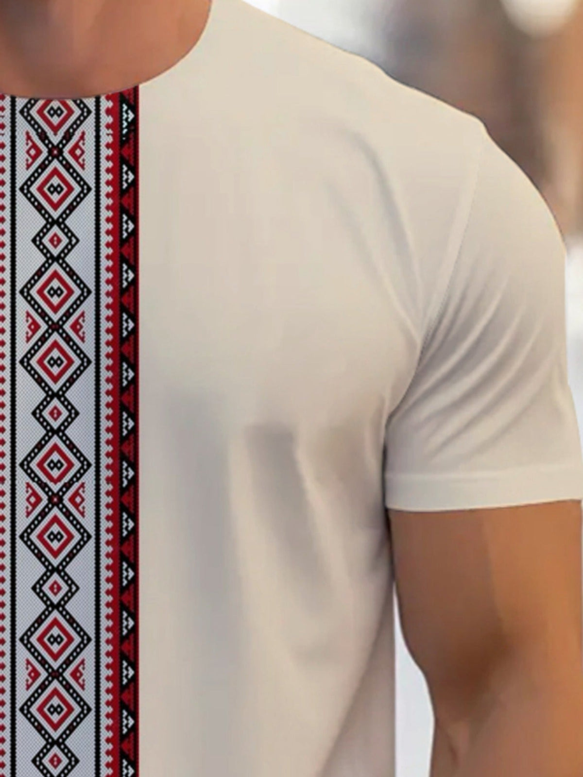 SHOWLU Men's geometric embroidery crew neck polyester T-shirt, casual dress top with modern design and intricate pattern.