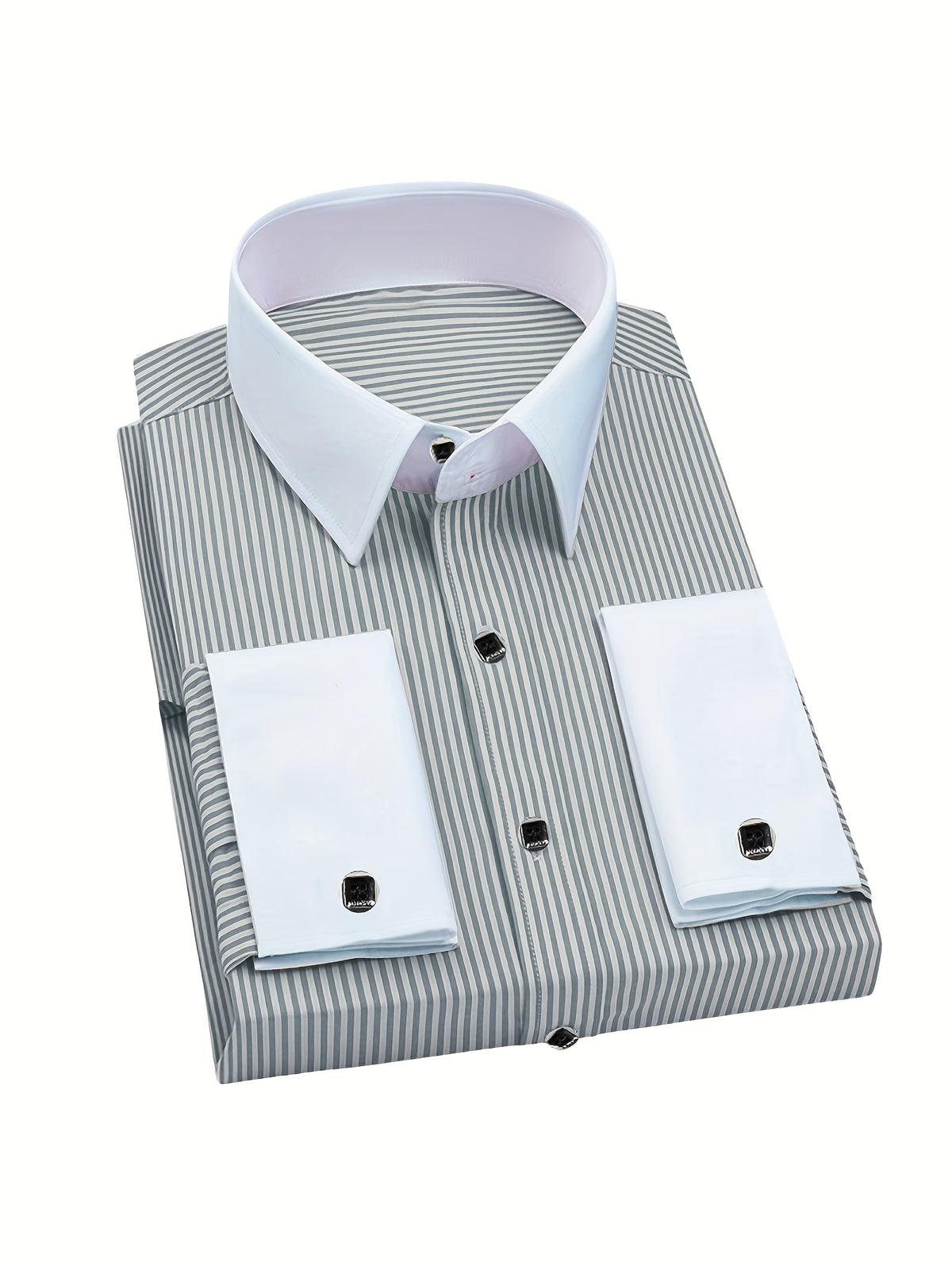 Men's slim fit striped formal shirt with French cuffs by Showlu Fashion Store, made of polyester, shown in a stylish dress image.