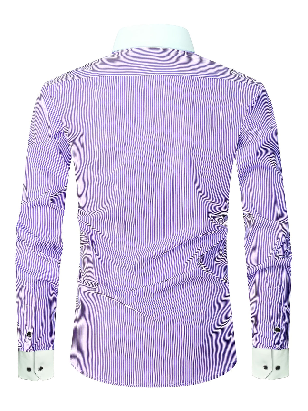 Showlu men's slim fit striped formal shirt with French cuffs, made of polyester, displayed on a dress mannequin.