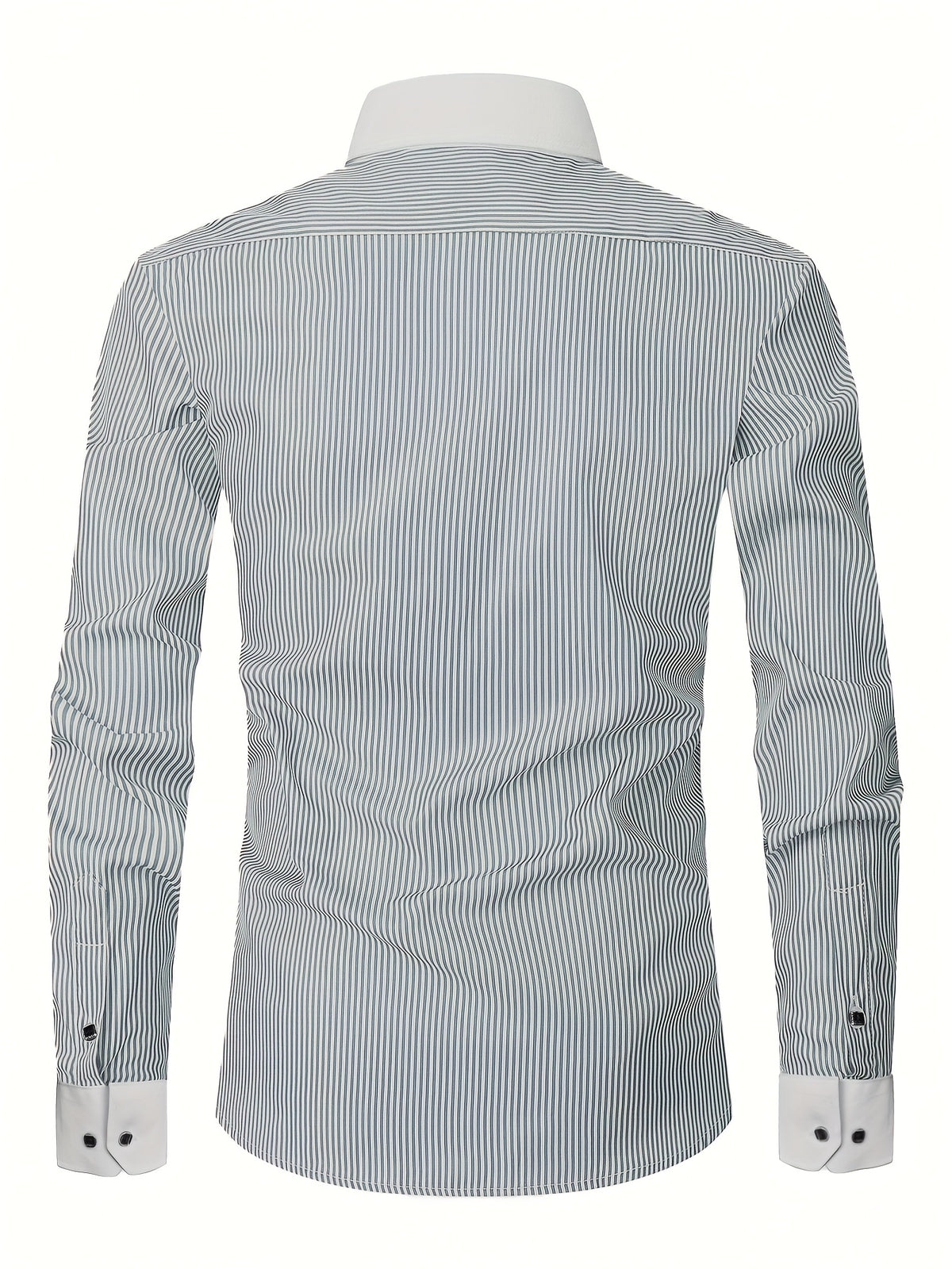 Showlu men's slim fit striped formal dress shirt with French cuffs, made of polyester, suitable for professional or formal wear.