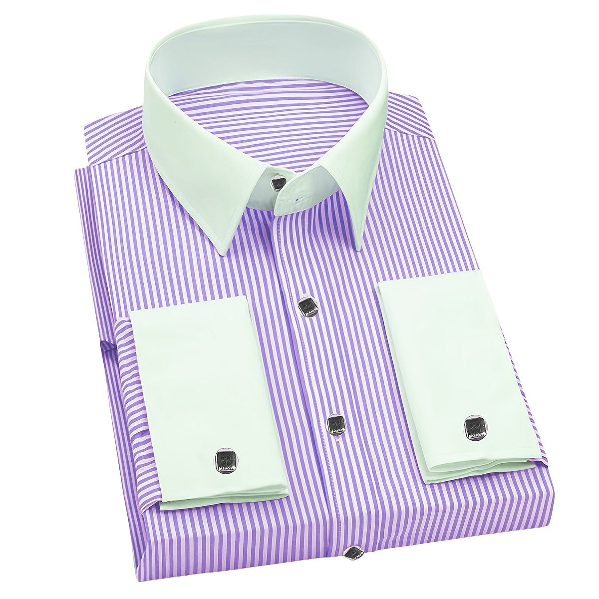 Showlu Men's slim fit striped formal dress shirt with French cuffs, made of polyester, shown on a hanger.