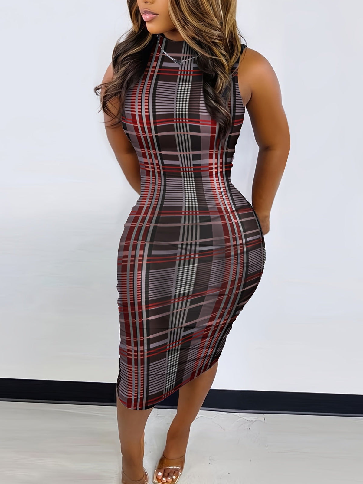 Olive green SHOWLU FASHION women's geometric bodycon midi dress with long sleeves and fitted silhouette.