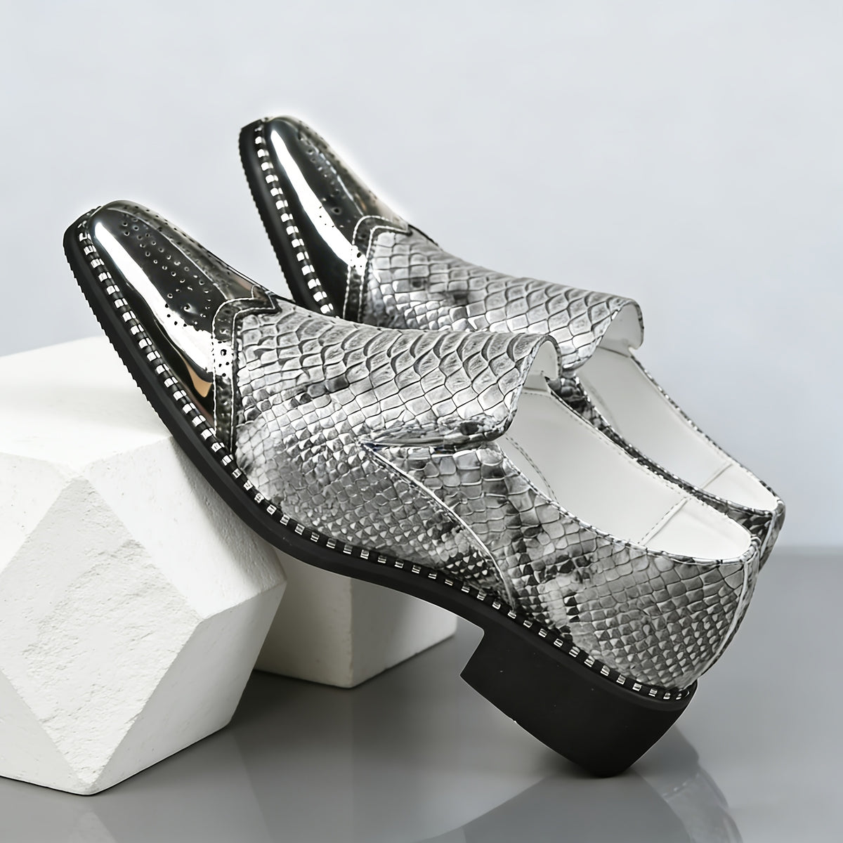 Men's snake scale patchwork slip-on formal shoes with chunky heels by Showlu Fashion Store, showcasing detailed snake pattern and sleek design.