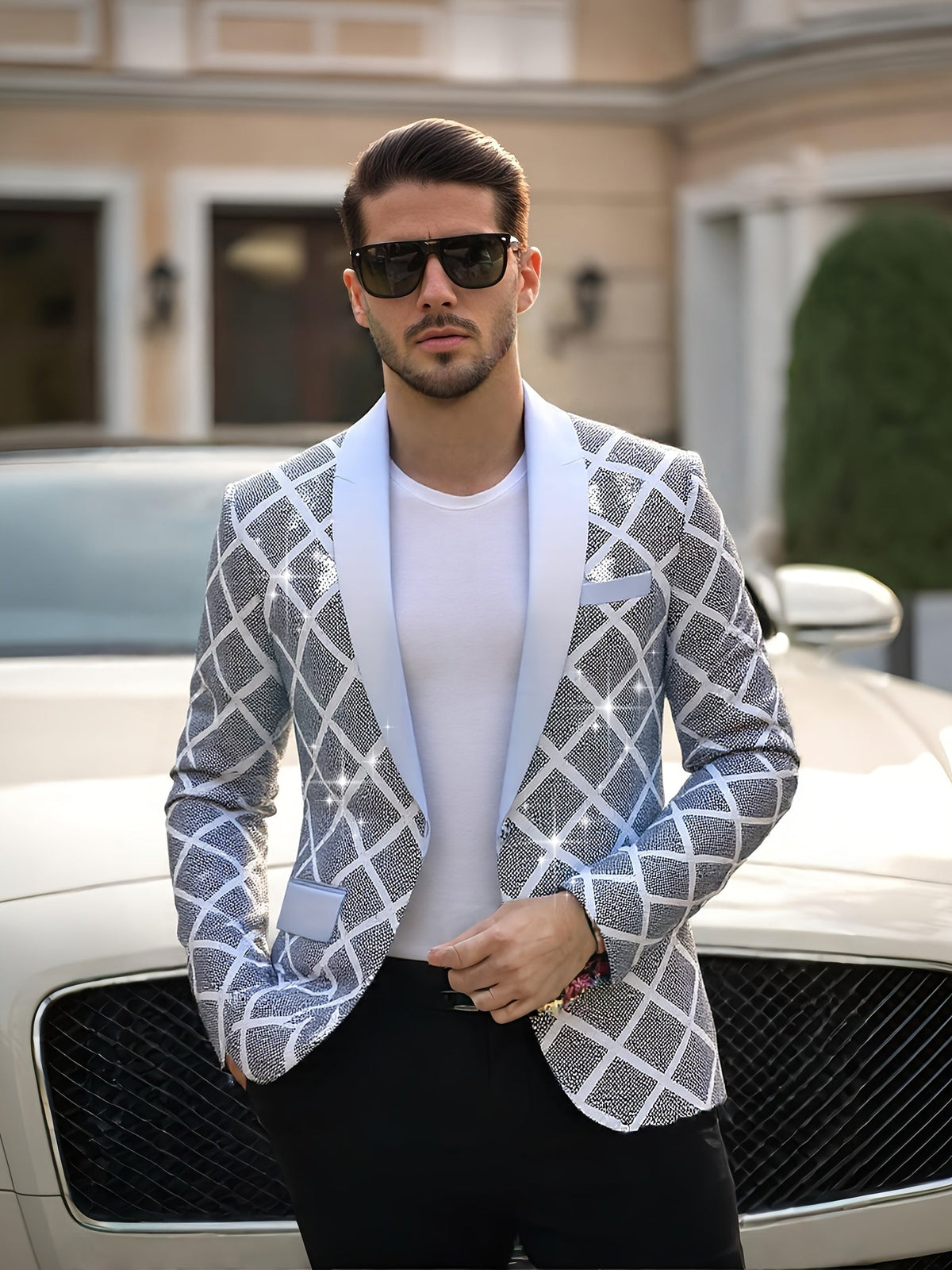 SHOWLU FASHION men's sequin party blazer with geometric notched lapel, stylish jacket for festive occasions.
