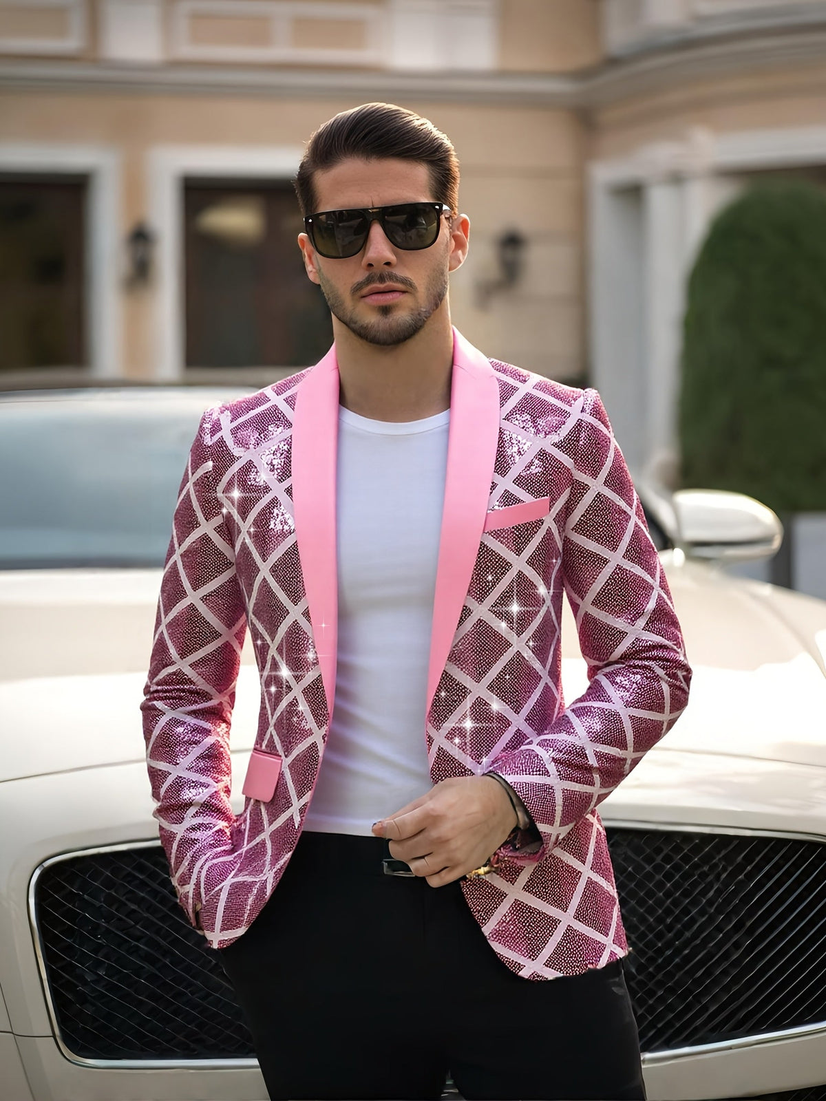 SHOWLU FASHION men's sequin party blazer with geometric notched lapel, stylish dress jacket for festive occasions