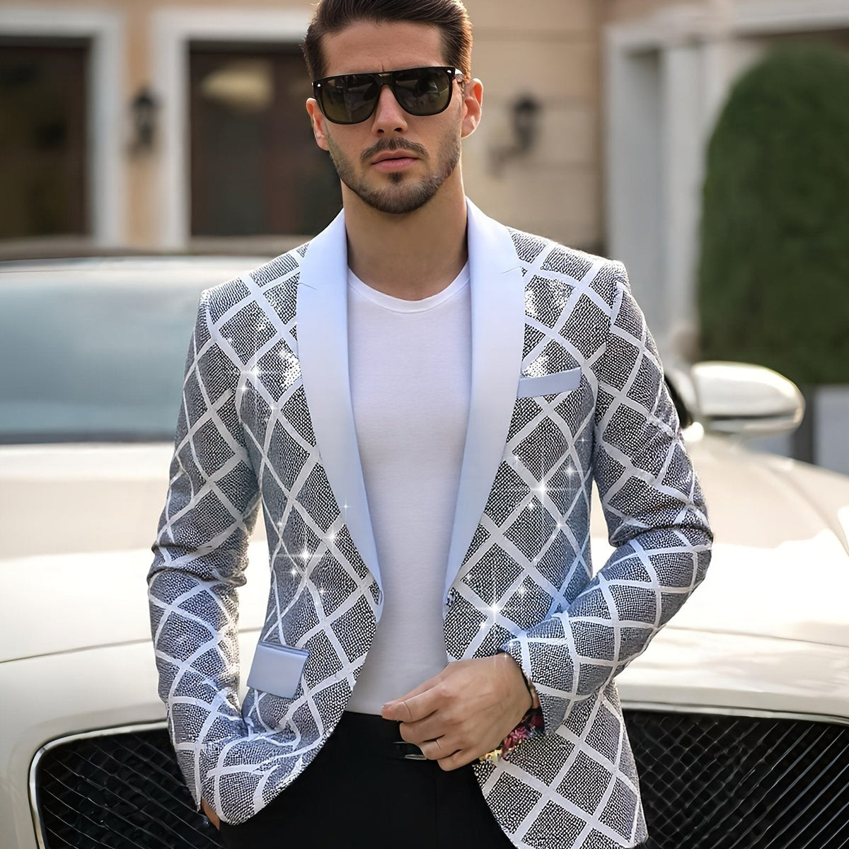 SHOWLU FASHION men's sequin party blazer with geometric notched lapel, stylish blazer jacket for evening events