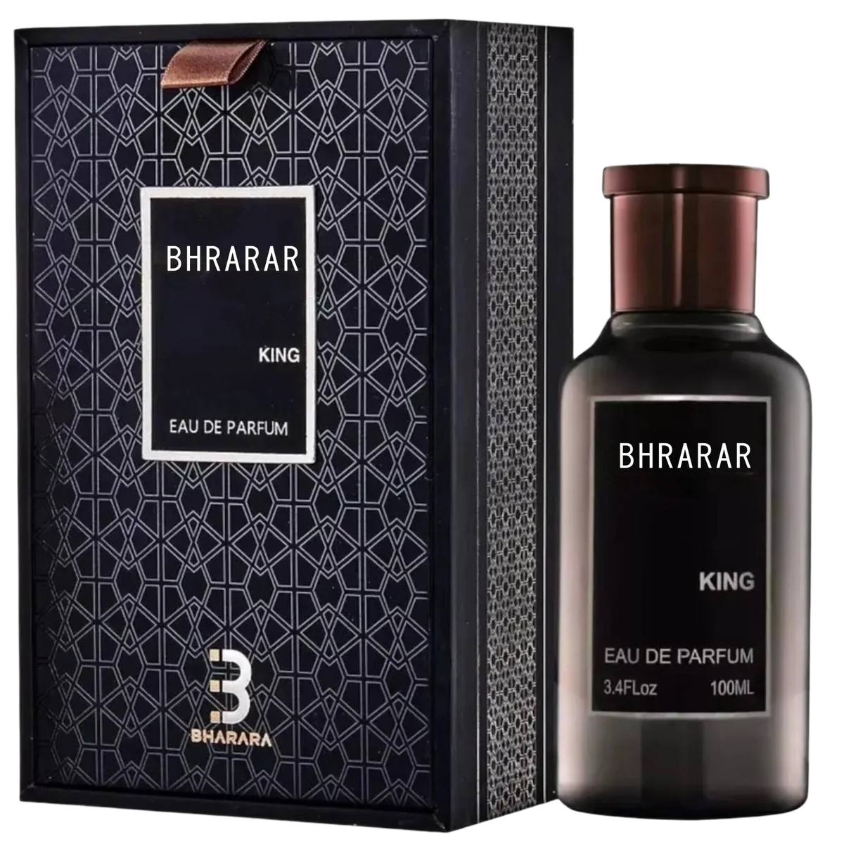 Bharara King Men's Eau de Parfum 3.4oz bottle with citrus and musk fragrance, showcasing the elegant perfume design.