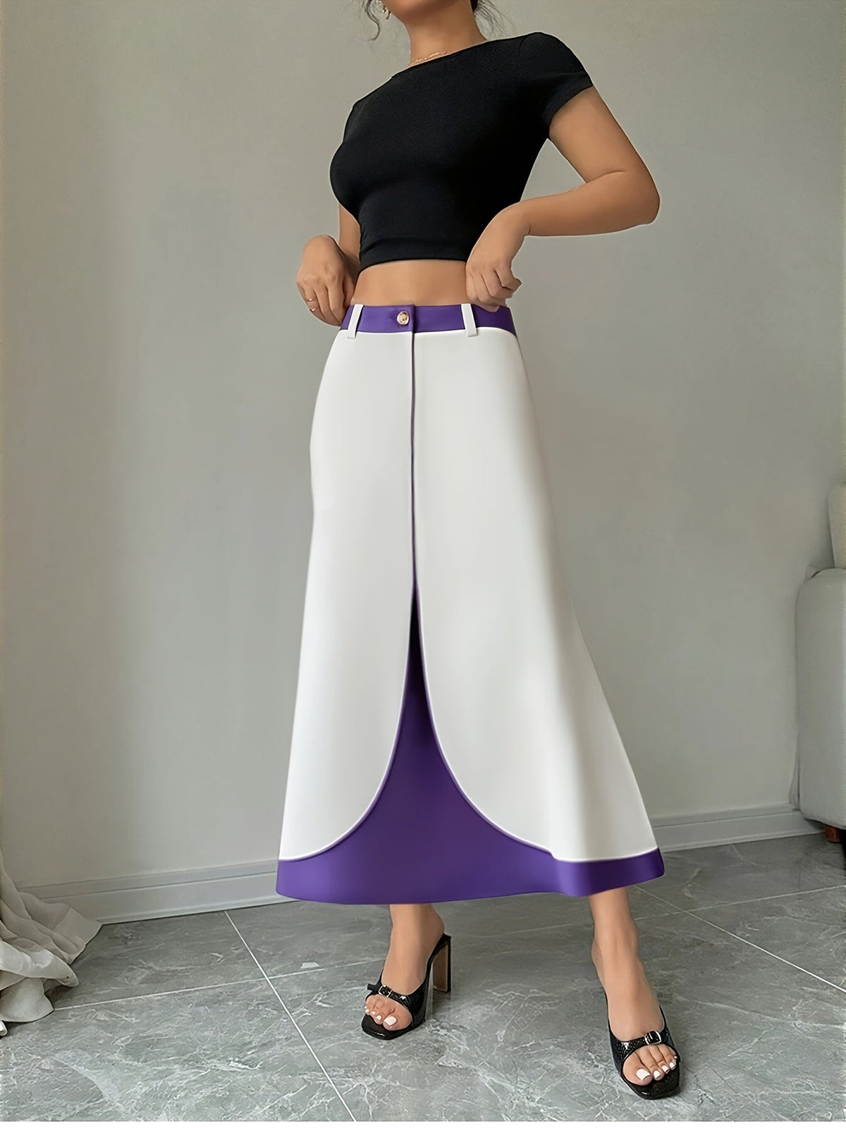 Purple and white color-block A-line skirt from SHOWLU FASHION, featuring an elegant design and flowy fabric.