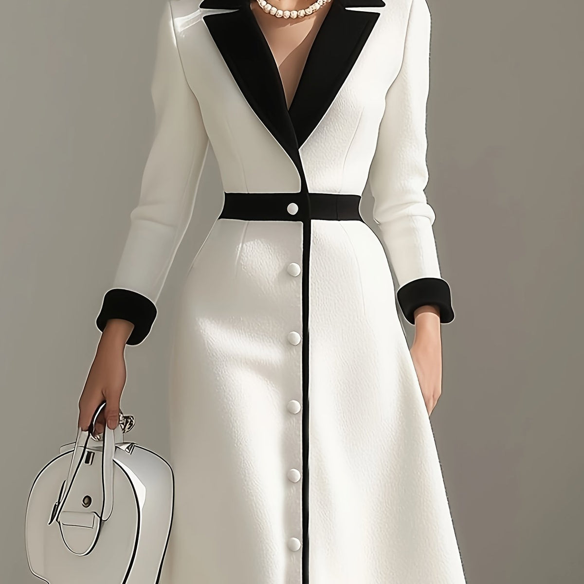 Elegant color-block midi dress for women with long sleeves and lapel from SHOWLU FASHION STORE, stylish and versatile for various occasions.