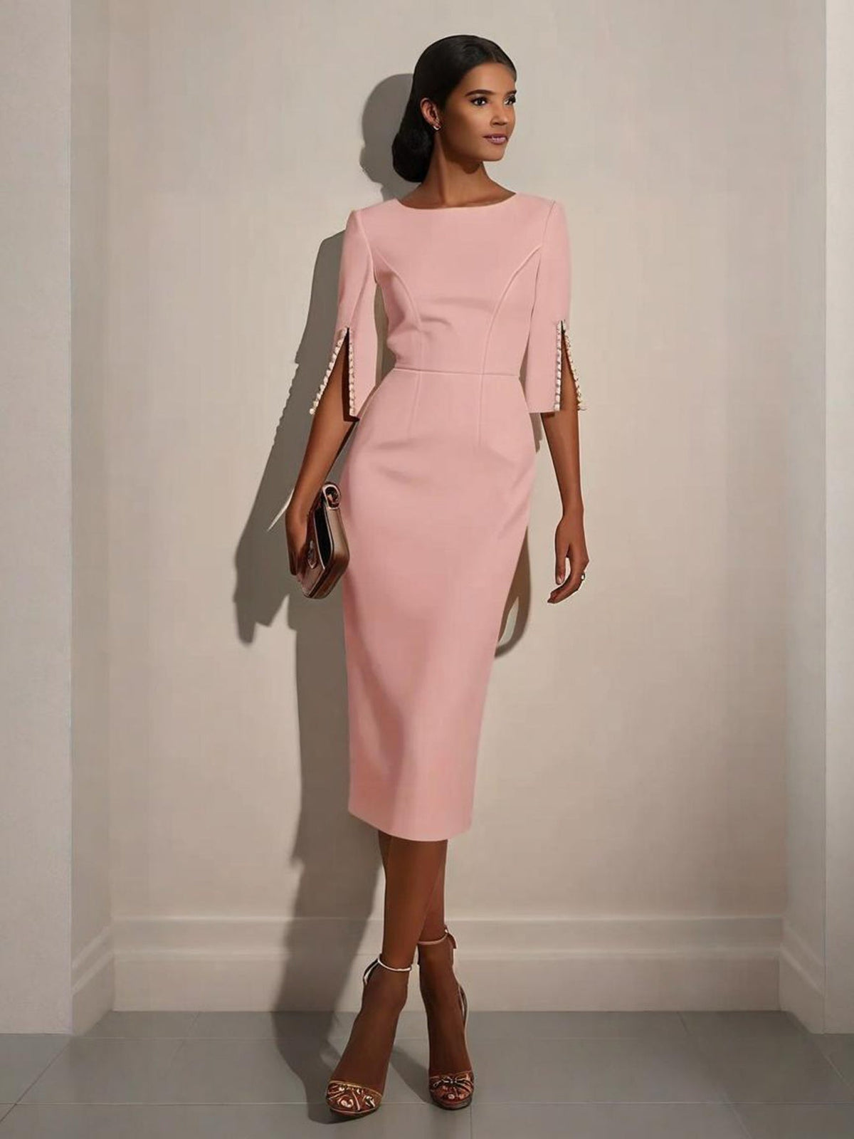 SHOWLU FASHION STORE women's pearl bodycon midi dress with half sleeves, elegant gown perfect for formal occasions.