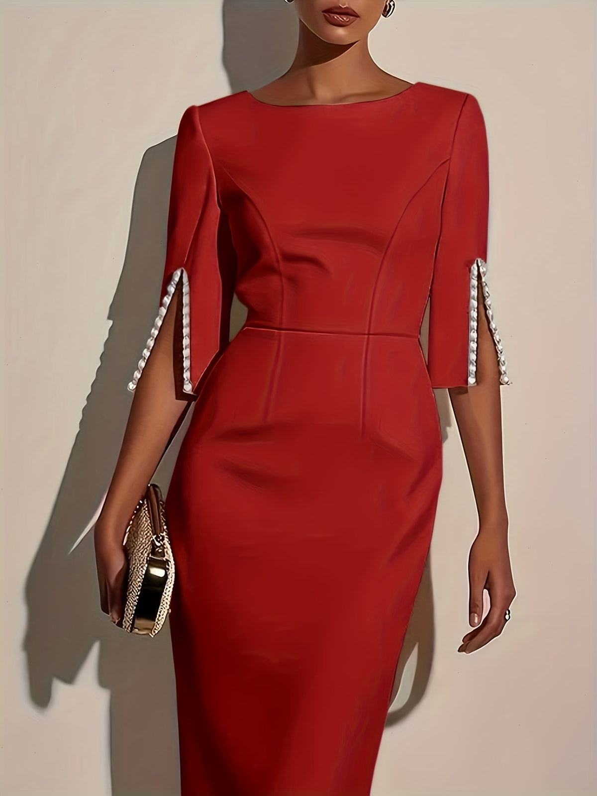 SHOWLU FASHION STORE women's pearl bodycon midi dress with half sleeves, elegant gown perfect for formal occasions