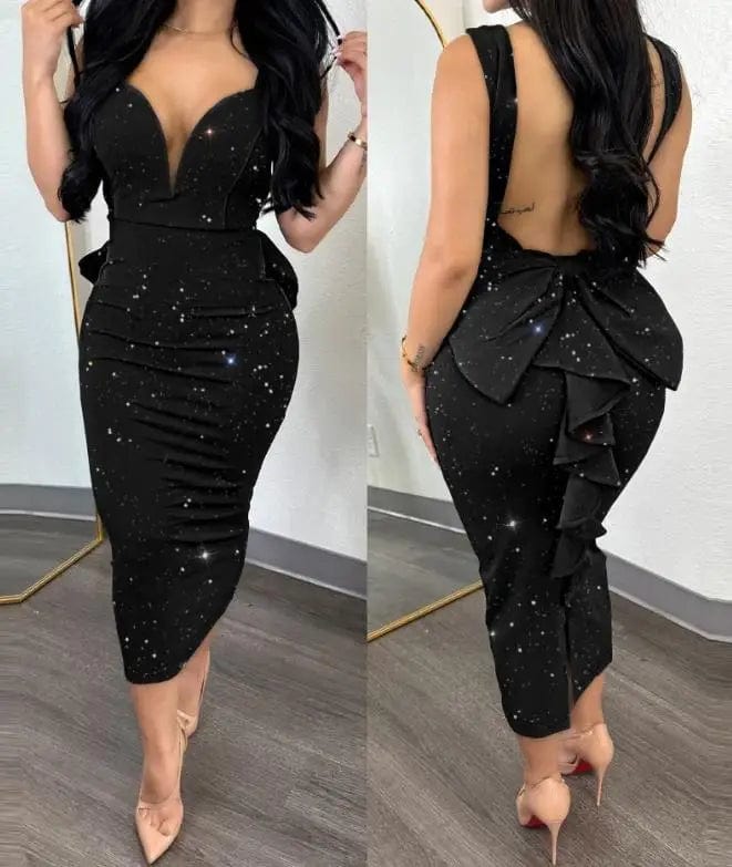 SHOWLU FASHION STORE Dresses Women Sexy Night Out Plunge Glitter Ruffle Hem Backless Sleeveless Fashion Bodycon Party Dress 2023 Summre Vestidos