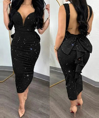 SHOWLU FASHION STORE Dresses Women Sexy Night Out Plunge Glitter Ruffle Hem Backless Sleeveless Fashion Bodycon Party Dress 2023 Summre Vestidos