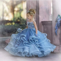 Showlu Fashion Store Dusty Blue Flower Girl Dresses for Weddings Robe De  Mariage Kids Pageant Gowns Tulle Ruffled First Communion Dress