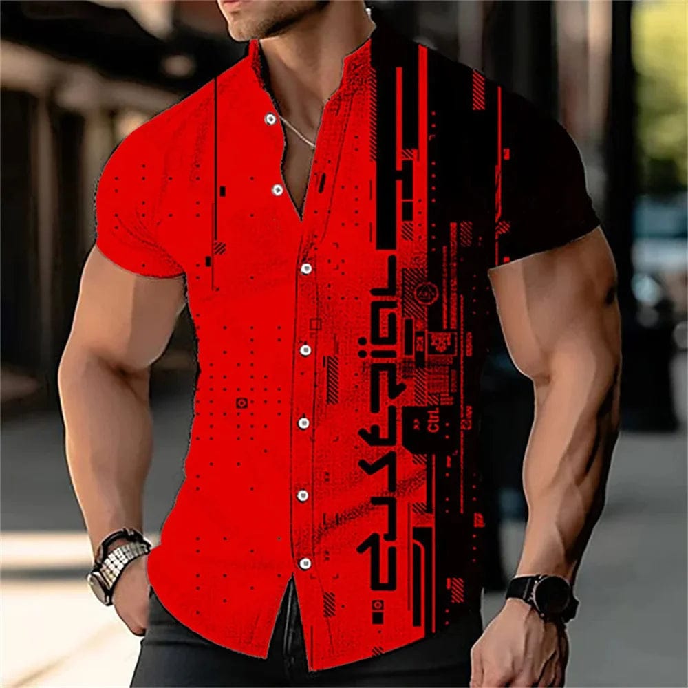 SHOWLU FASHION STORE DXYHCS701 / XXXL Men's 3D digital printed geometric stand up collar solid color short sleeved shirt outdoor casual fashion street men's clothing