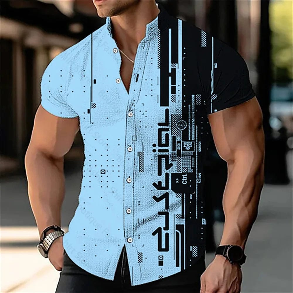 SHOWLU FASHION STORE DXYHCS702 / XXL Men's 3D digital printed geometric stand up collar solid color short sleeved shirt outdoor casual fashion street men's clothing