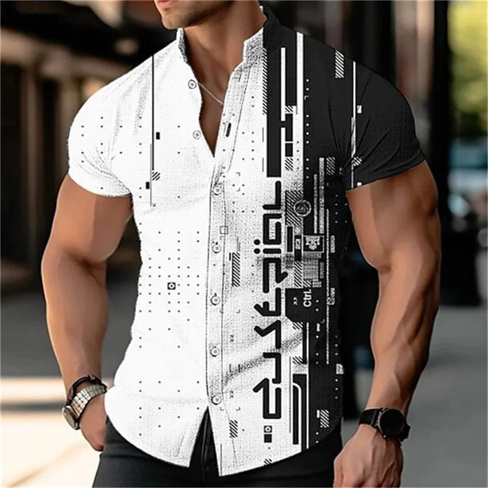 SHOWLU FASHION STORE DXYHCS704 / L Men's 3D digital printed geometric stand up collar solid color short sleeved shirt outdoor casual fashion street men's clothing