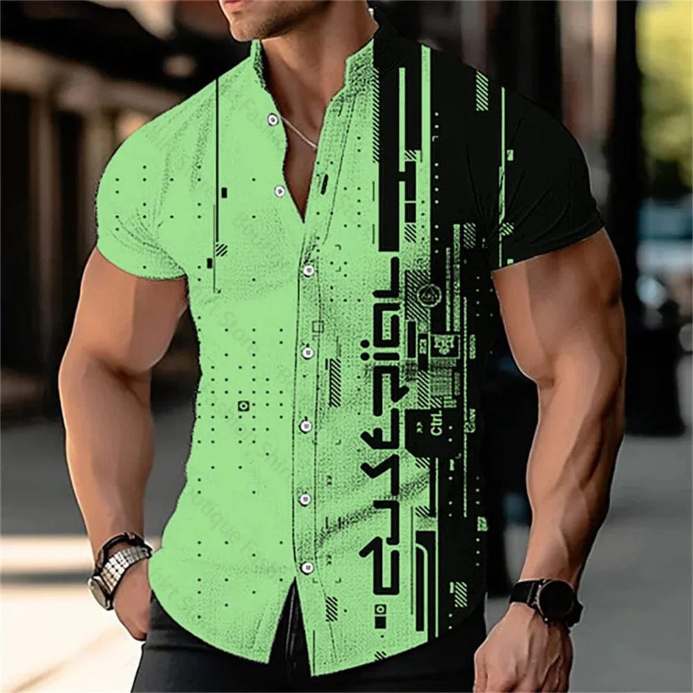 SHOWLU FASHION STORE DXYHCS705 / S Men's 3D digital printed geometric stand up collar solid color short sleeved shirt outdoor casual fashion street men's clothing