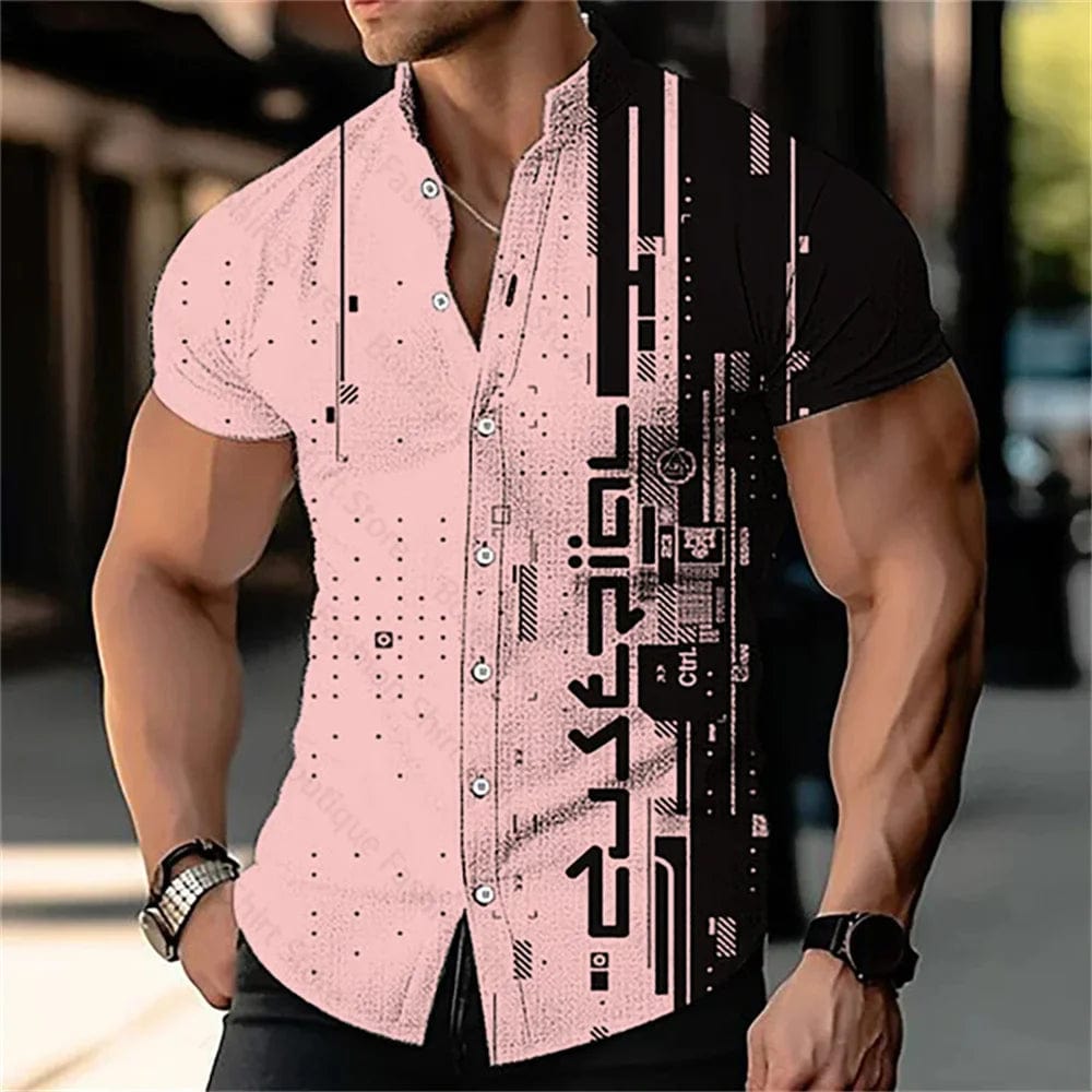 SHOWLU FASHION STORE DXYHCS707 / XXXL Men's 3D digital printed geometric stand up collar solid color short sleeved shirt outdoor casual fashion street men's clothing