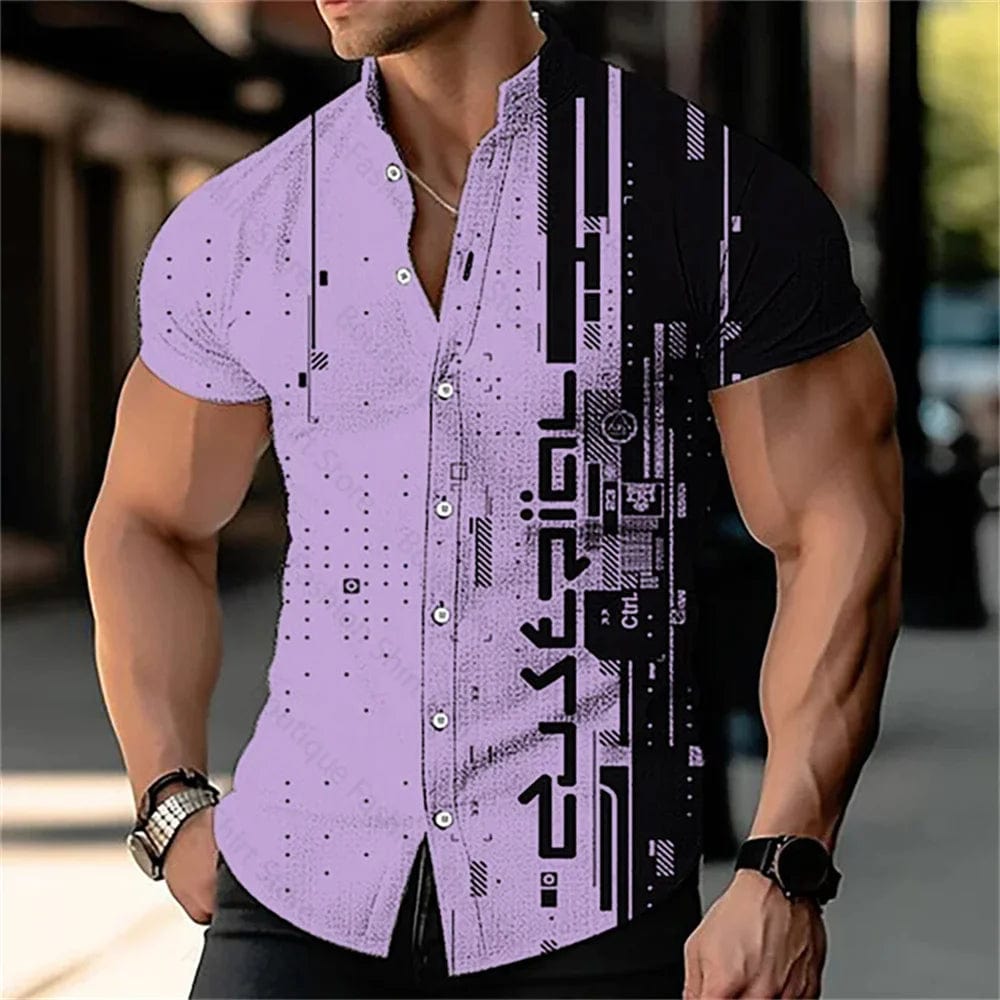 SHOWLU FASHION STORE DXYHCS708 / XS Men's 3D digital printed geometric stand up collar solid color short sleeved shirt outdoor casual fashion street men's clothing