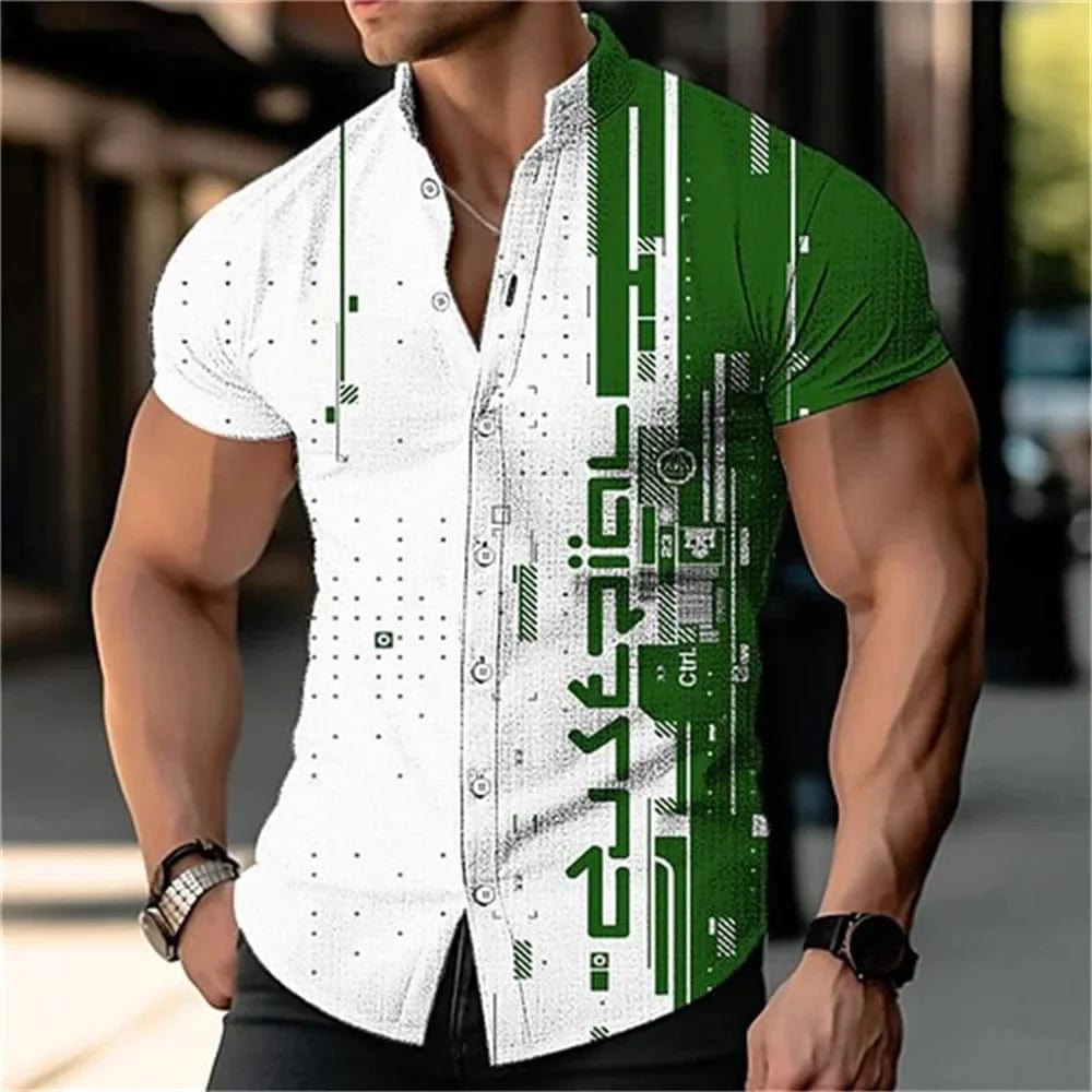 SHOWLU FASHION STORE DXYHCS709 / 5XL Men's 3D digital printed geometric stand up collar solid color short sleeved shirt outdoor casual fashion street men's clothing