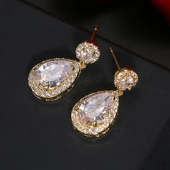  Showlu Fashion Store E041 Gold Luxury Zircon Wedding Long Dangle Earrings with Round Water Drop Elegant CZ Earrings for Women Bridal Wedding Jewelry Dress