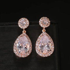  Showlu Fashion Store E041 Rose Gold Luxury Zircon Wedding Long Dangle Earrings with Round Water Drop Elegant CZ Earrings for Women Bridal Wedding Jewelry Dress