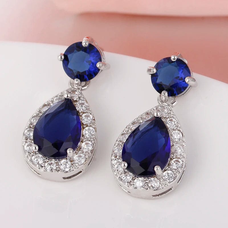  Showlu Fashion Store E329 Blue Luxury Zircon Wedding Long Dangle Earrings with Round Water Drop Elegant CZ Earrings for Women Bridal Wedding Jewelry Dress