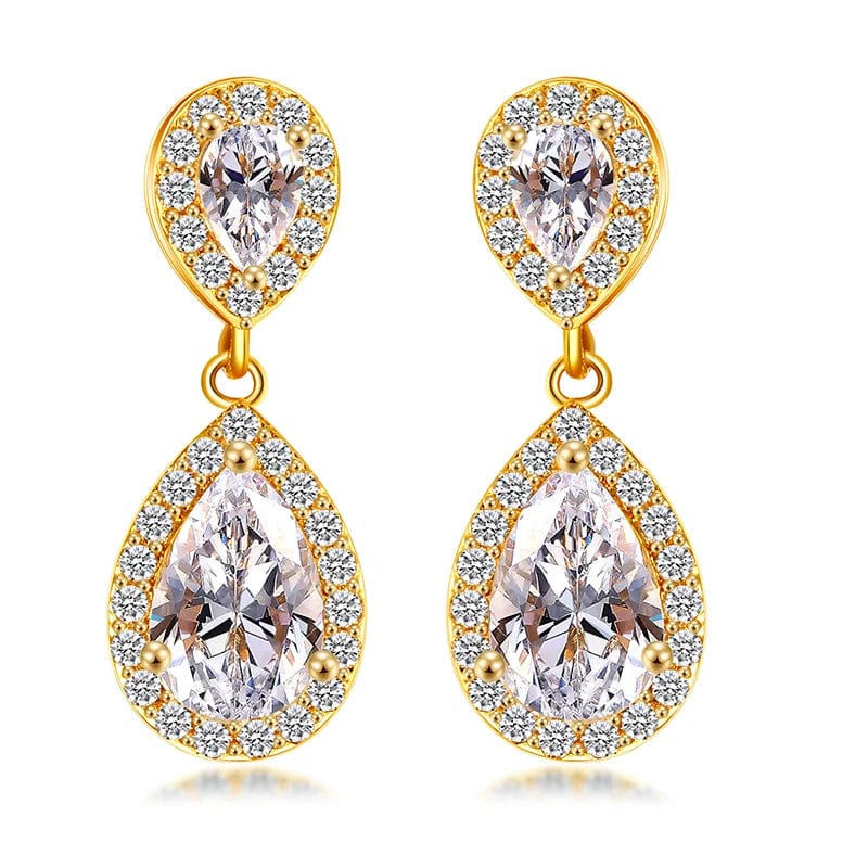  Showlu Fashion Store E331 Gold Luxury Zircon Wedding Long Dangle Earrings with Round Water Drop Elegant CZ Earrings for Women Bridal Wedding Jewelry Dress