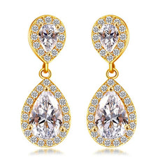  Showlu Fashion Store E331 Gold Luxury Zircon Wedding Long Dangle Earrings with Round Water Drop Elegant CZ Earrings for Women Bridal Wedding Jewelry Dress