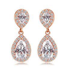  Showlu Fashion Store E331 Rose Gold Luxury Zircon Wedding Long Dangle Earrings with Round Water Drop Elegant CZ Earrings for Women Bridal Wedding Jewelry Dress