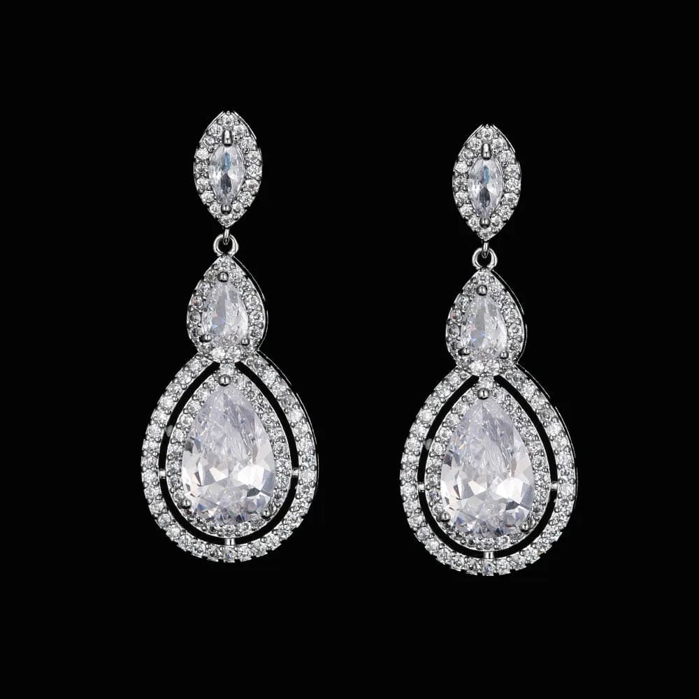  Showlu Fashion Store E360 White Gold Luxury Zircon Wedding Long Dangle Earrings with Round Water Drop Elegant CZ Earrings for Women Bridal Wedding Jewelry Dress