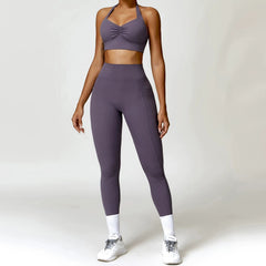  Showlu Fashion Store Eggplant purple bra + trousers / XL Fashion Push up Tight Halterneck Back Yoga Suit Brushed Quick-Drying Workout Clothes Running Sports Suit Female Two Pieces