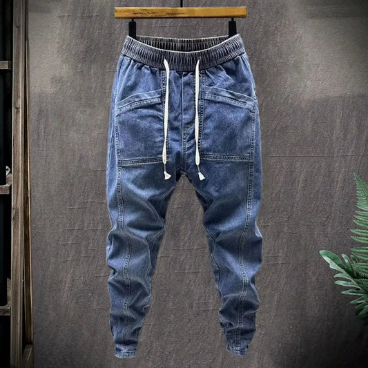  Showlu Fashion Store Elastic Waist Jeans Men's Elastic Drawstring Waist Denim Cargo Pants With Pockets Solid Color Harem Trousers For Spring Autumn