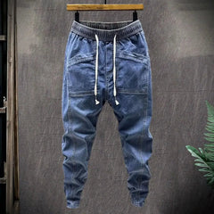  Showlu Fashion Store Elastic Waist Jeans Men's Elastic Drawstring Waist Denim Cargo Pants With Pockets Solid Color Harem Trousers For Spring Autumn